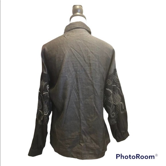 Zara Peasant button down shirt embroidery black Size XSmall Chambray Y2K - Picture 4 of 9